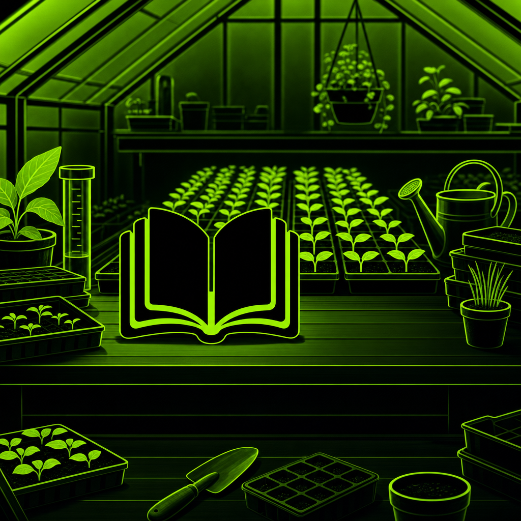Yieldbook standing open on a greenhouse bench among rows of glowing lime seedlings